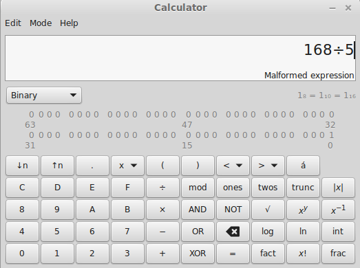 Kalkulator w trybie binarnym, który nadal pozwala wpisywać cyfry inne niż 0 i 1, ale wyświetla błąd później.