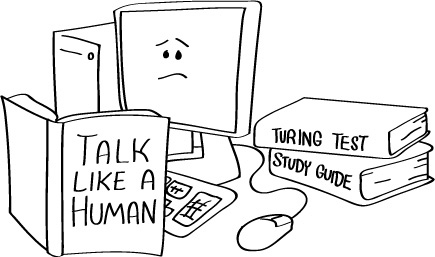 Komputer czyta książkę pod tytułem „Rozmawiać jak człowiek”