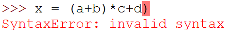 Błąd składni w x = (a+b) \*c+d) w związku z brakiem nawiasu (w wyrażeniu